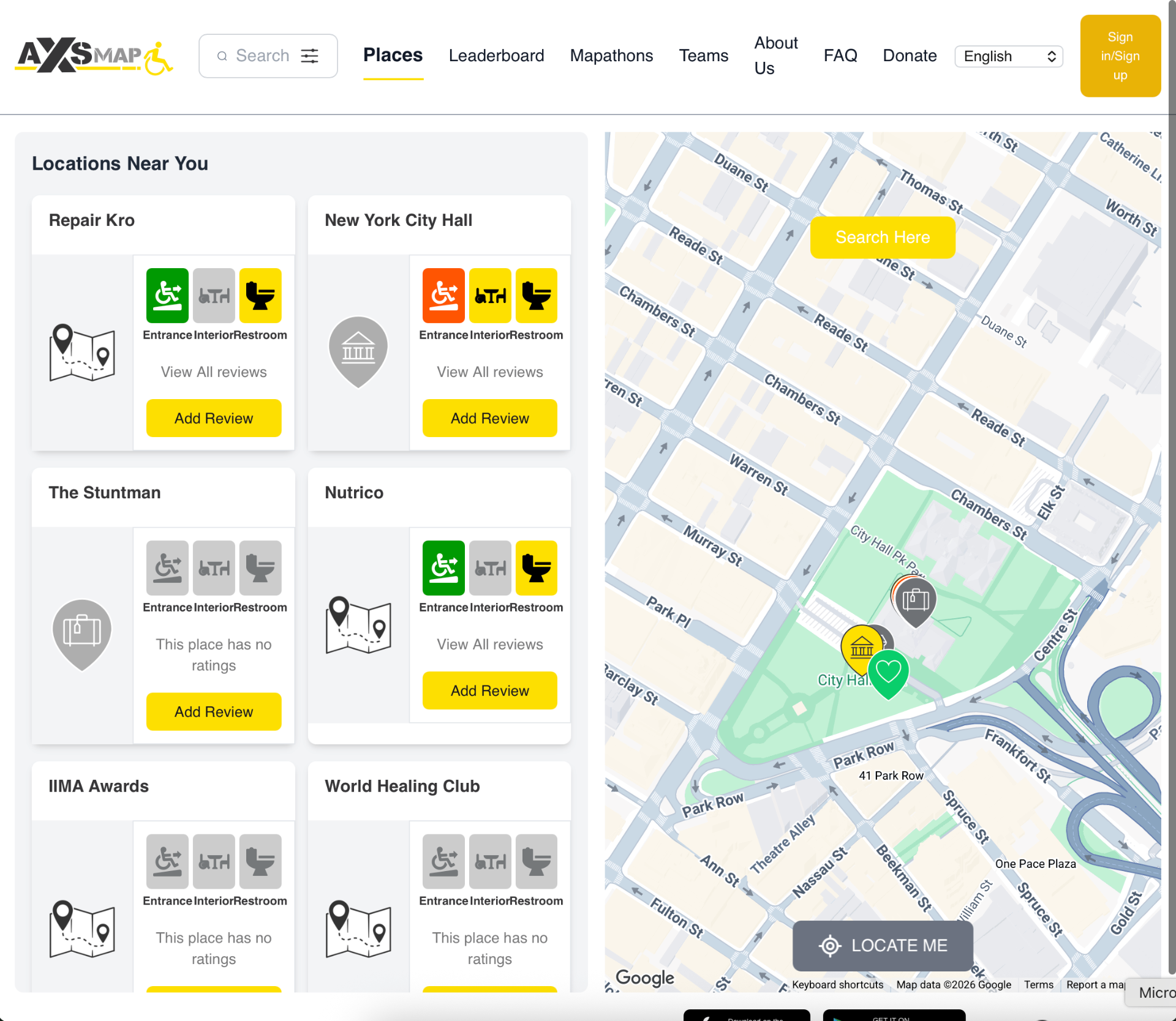 The AXS Map web application showing accessibility reviews of nearby locations in New York.