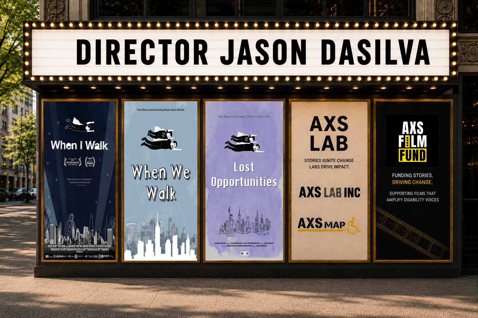 DaSilva's film and organization posters, including When I Walk, When We Walk, Lost Opportunities, AXS Lab, AXS Map, and AXS Film Fund.