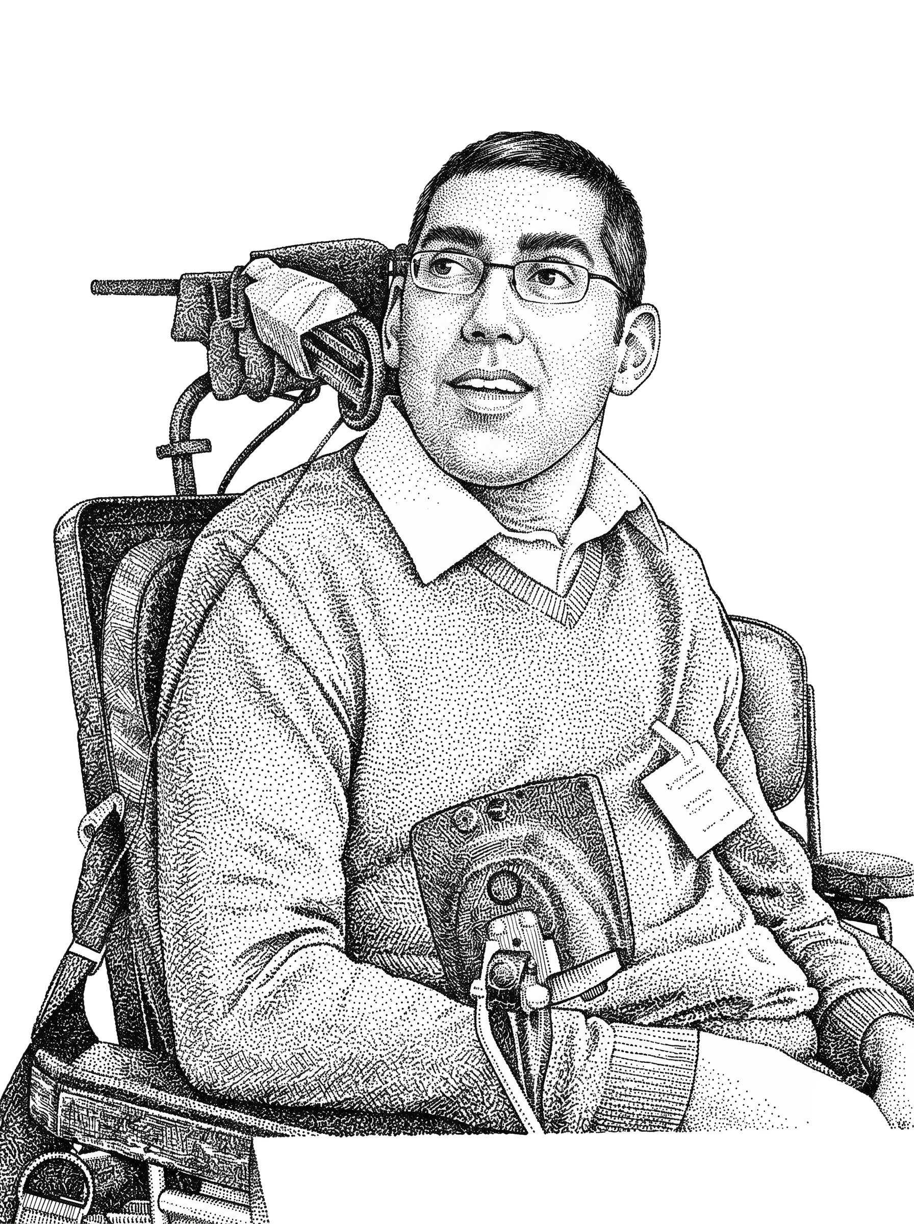 Hand-drawn stippled hedcut portrait of Jason DaSilva