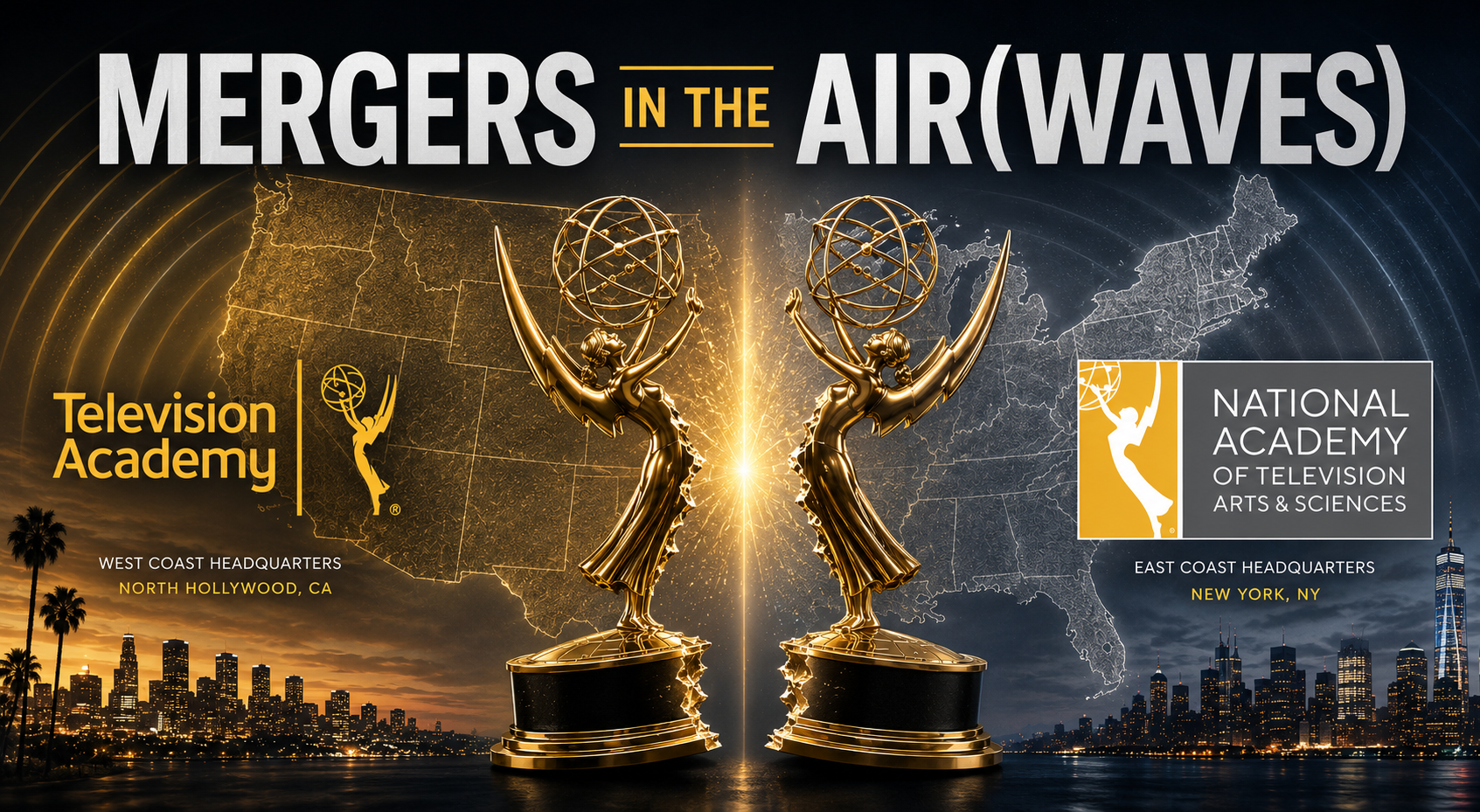 Two Emmy statuettes face each other across a split map of the United States, with the Television Academy and NATAS logos on opposite coasts.